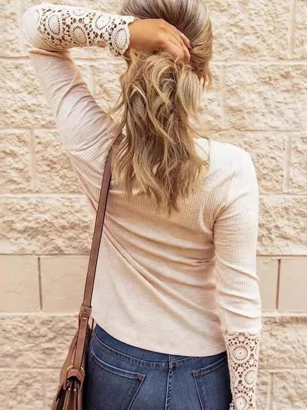 Round neck patchwork lace sleeves loose solid color long sleeved T-shirt