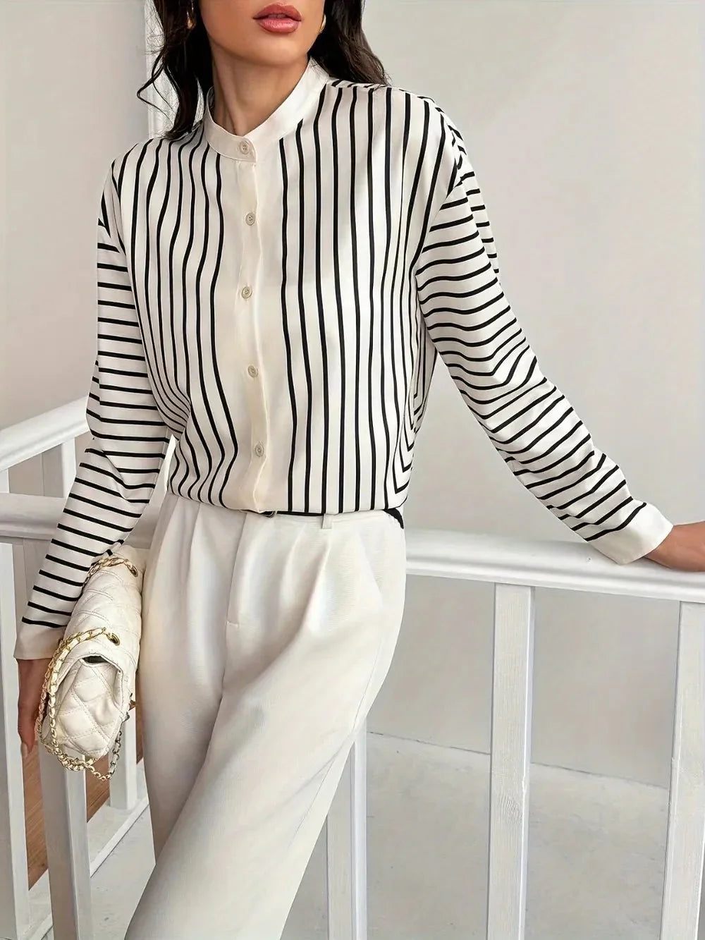 Striped Mock Neck Long Sleeve Shirt eprolo