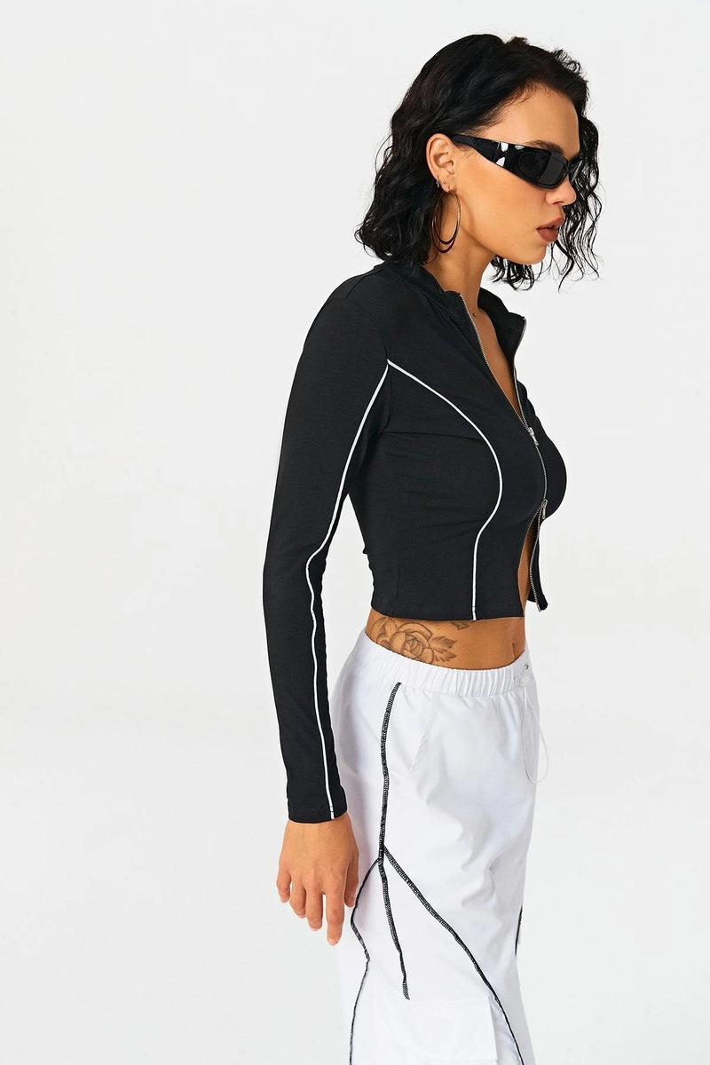 Women's Contrasting Color Line Standing Collar Wears Knitted Shirts