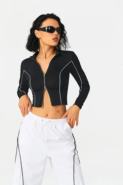 Women's Contrasting Color Line Standing Collar Wears Knitted Shirts