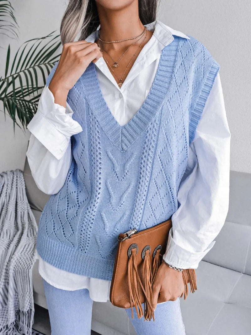 Hollow out Fried Dough Twists V-neck knitted vest sweater