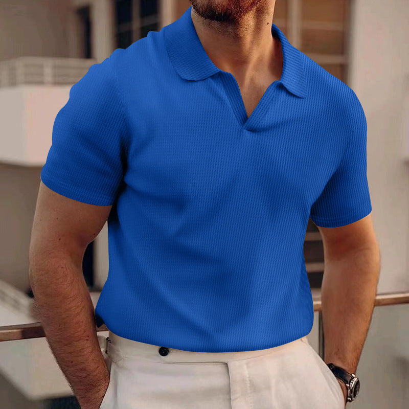 Men's summer lapel t-shirt men's heavy waffle oversize solid color casual short sleeve
