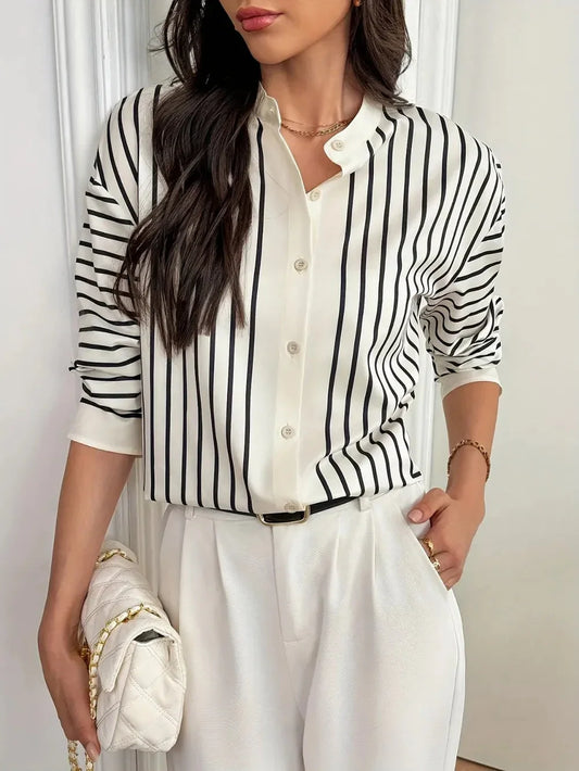 Striped Mock Neck Long Sleeve Shirt eprolo
