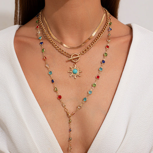 Sunflower colored crystal chain necklace, sweet and flowing Su alloy multi-layer collarbone chain eprolo