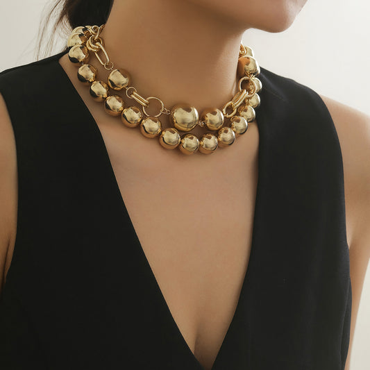 Creative. style round bead double layered necklace necklaces with exaggerated metal chains