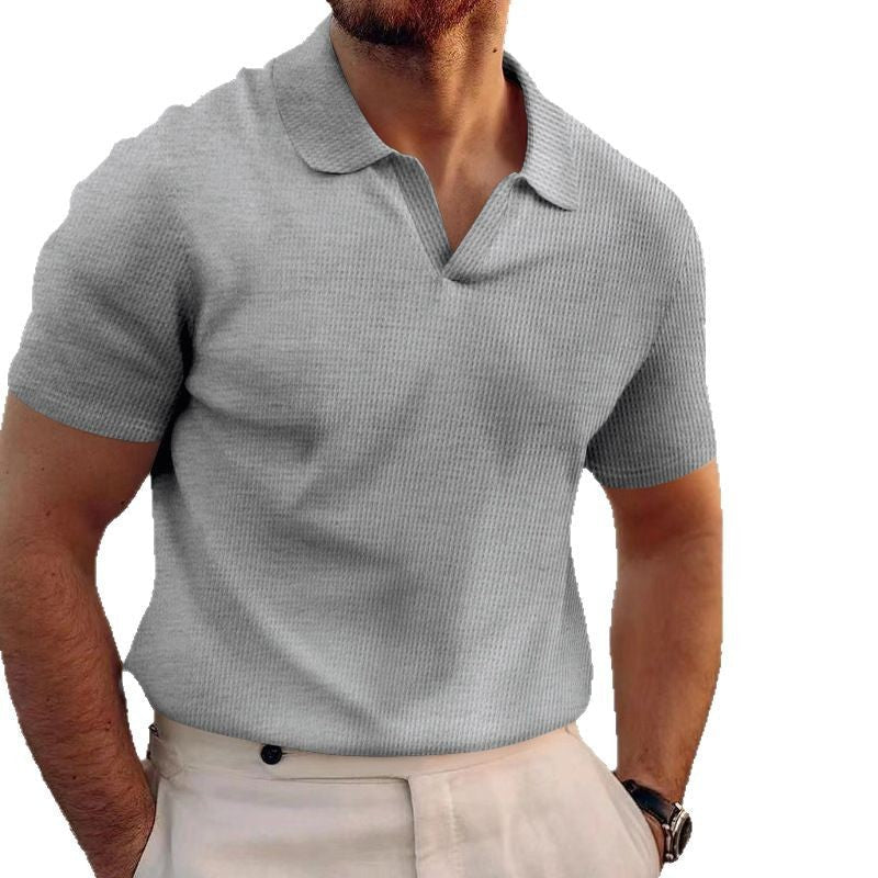 Men's summer lapel t-shirt men's heavy waffle oversize solid color casual short sleeve