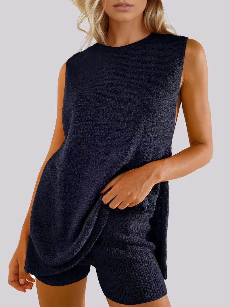 Spring and summer fashion casual knitted sleeveless shorts and woolen clothing set