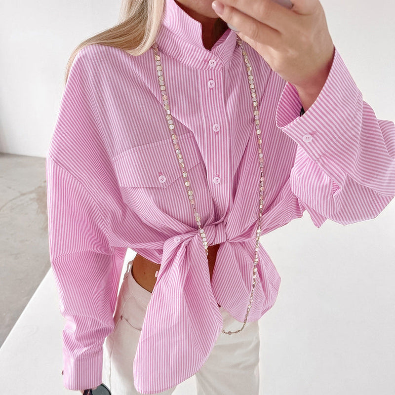 European and American style fashion versatile striped pink casual shirt top for women