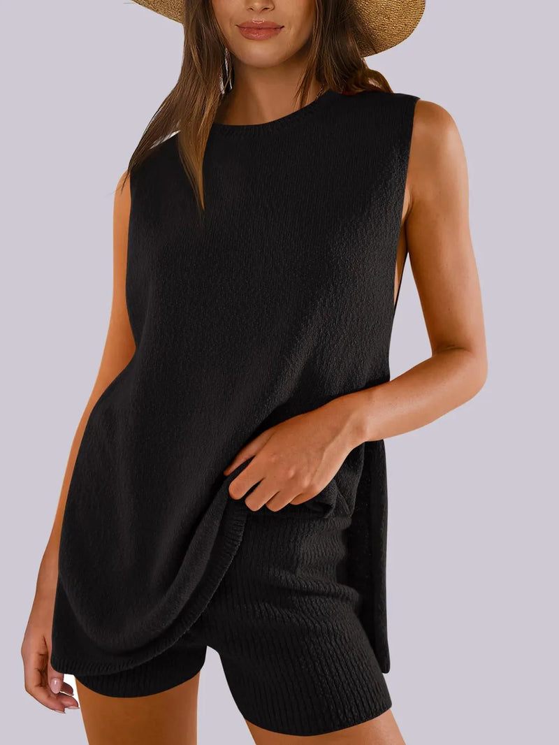 Spring and summer fashion casual knitted sleeveless shorts and woolen clothing set
