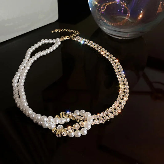 Pearl Crystal Choker Necklaces for Women Short Chain Rhinestone Necklaces Statement Jewelry