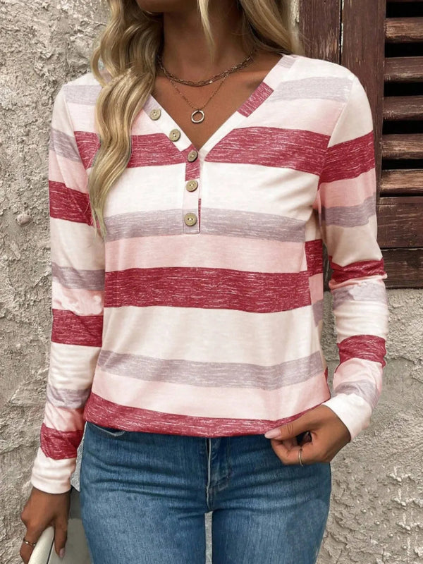 Autumn long sleeved deep V-neck striped women's T-shirt