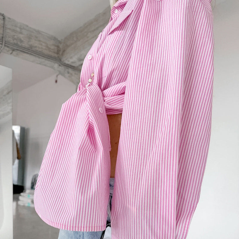 European and American style fashion versatile striped pink casual shirt top for women