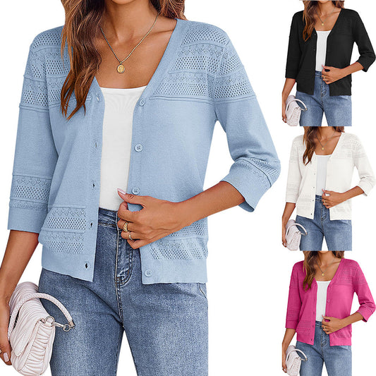 European and American shawl hollow knitted V-neck cardigan