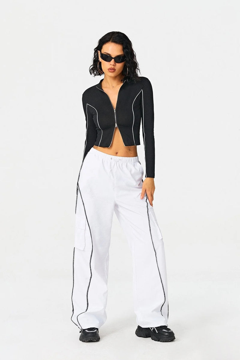 Women's Contrasting Color Line Standing Collar Wears Knitted Shirts