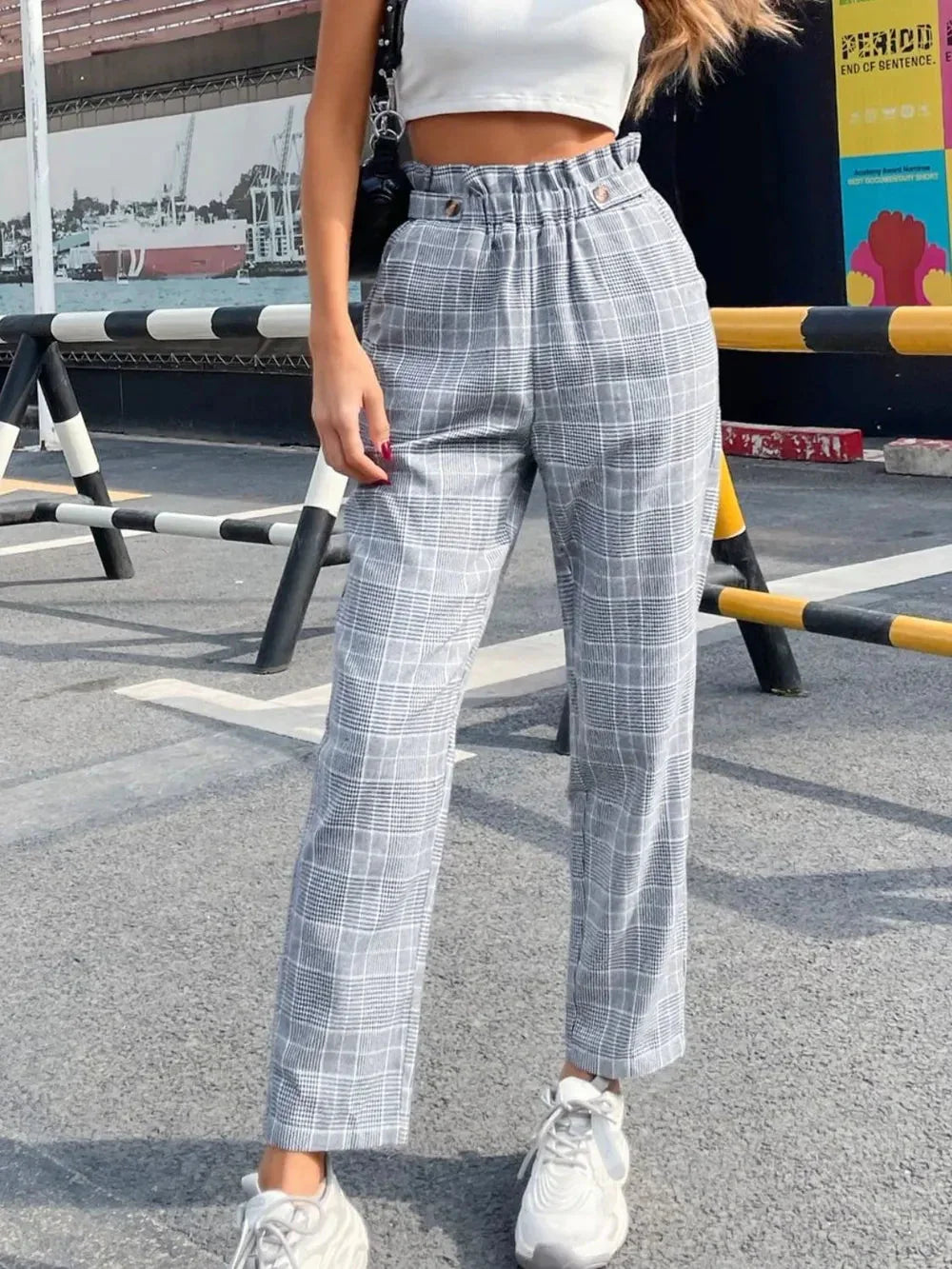 Fashionable temperament high waisted plaid straight leg pants eprolo