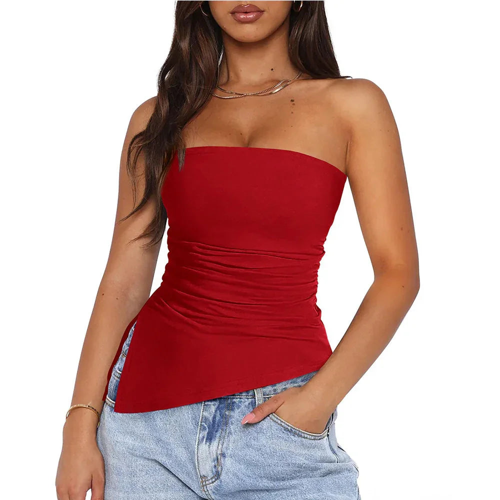 Summer hot girl pleated slit irregular strapless  top eprolo