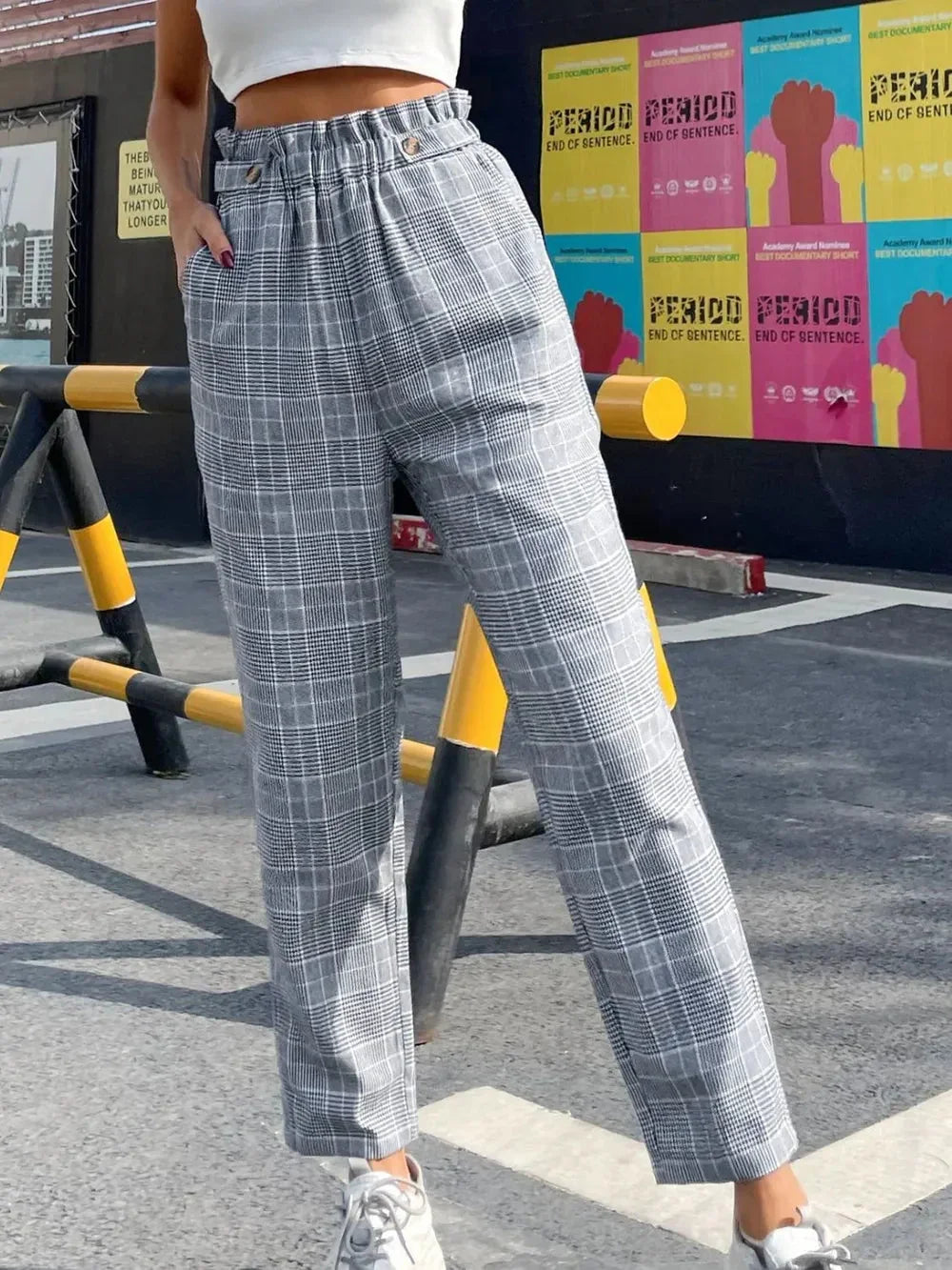 Fashionable temperament high waisted plaid straight leg pants eprolo