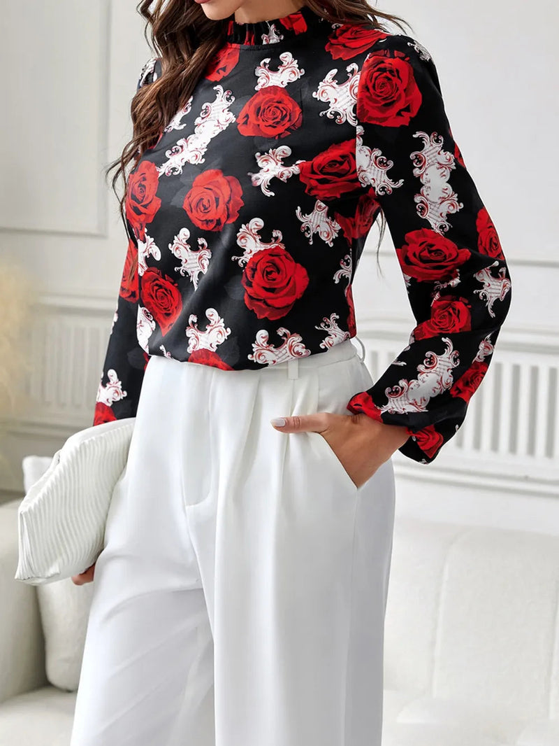 New women's rose printed ruffle collar shirt
