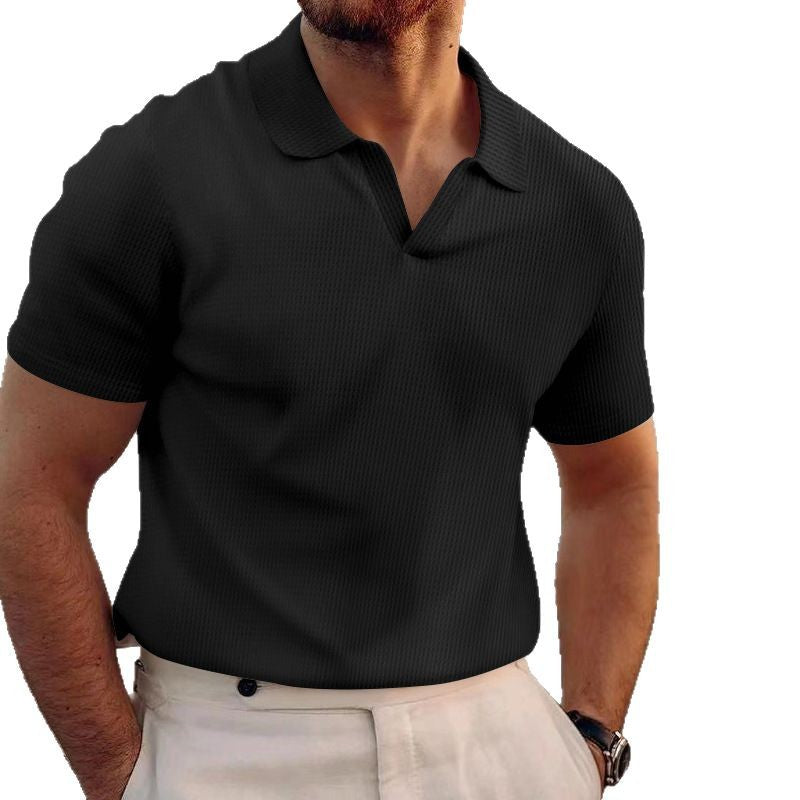 Men's summer lapel t-shirt men's heavy waffle oversize solid color casual short sleeve