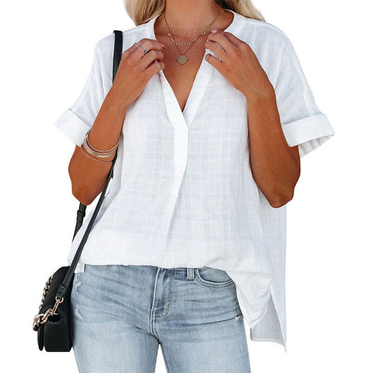 Women's Short Sleeve Thin V-neck Pullover Loose Shirt