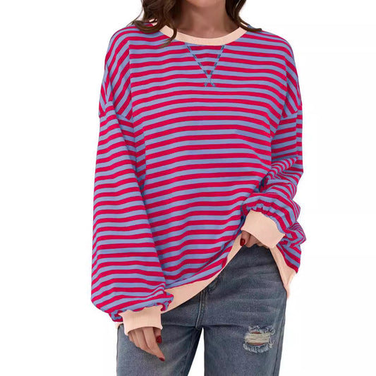 Simple new striped round-neck trendy long-sleeve pullover color-block T-shirt for home and casual wear
