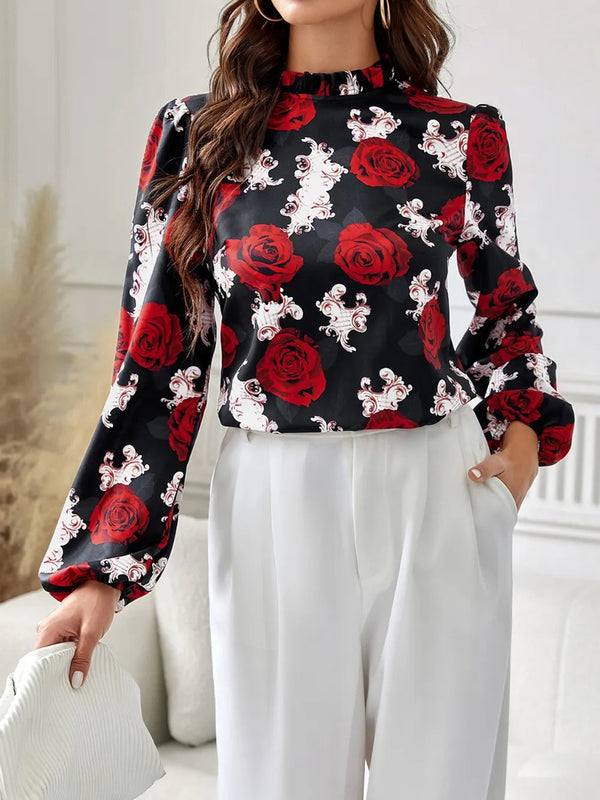 New women's rose printed ruffle collar shirt