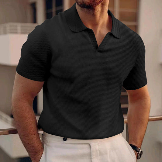 Men's summer lapel t-shirt men's heavy waffle oversize solid color casual short sleeve