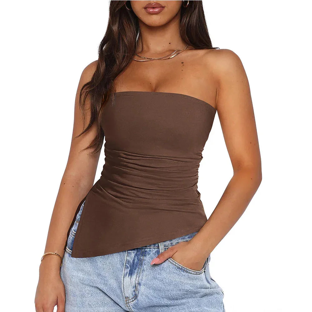 Summer hot girl pleated slit irregular strapless  top eprolo