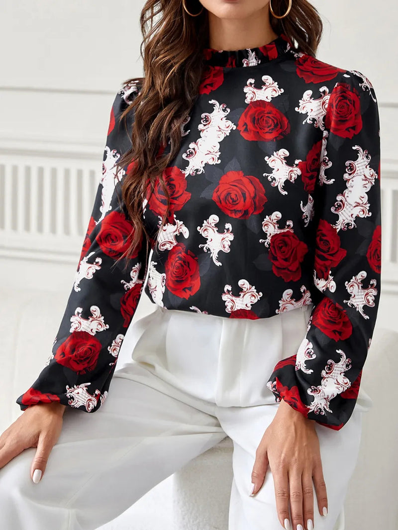 New women's rose printed ruffle collar shirt