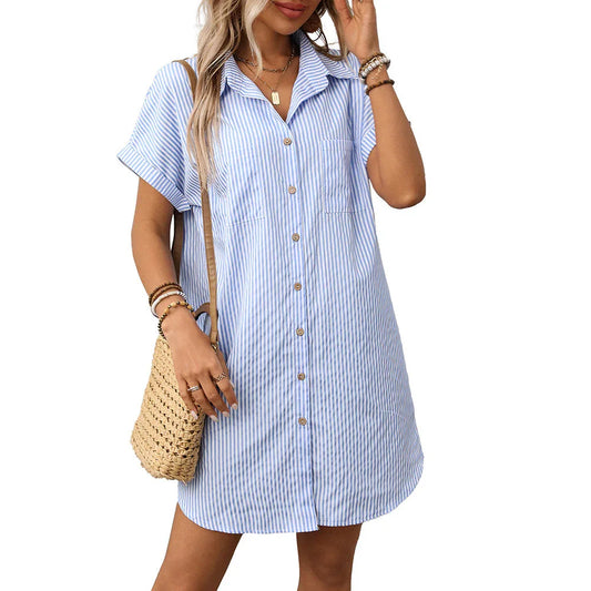 Short sleeved striped dress mid length shirt for women eprolo