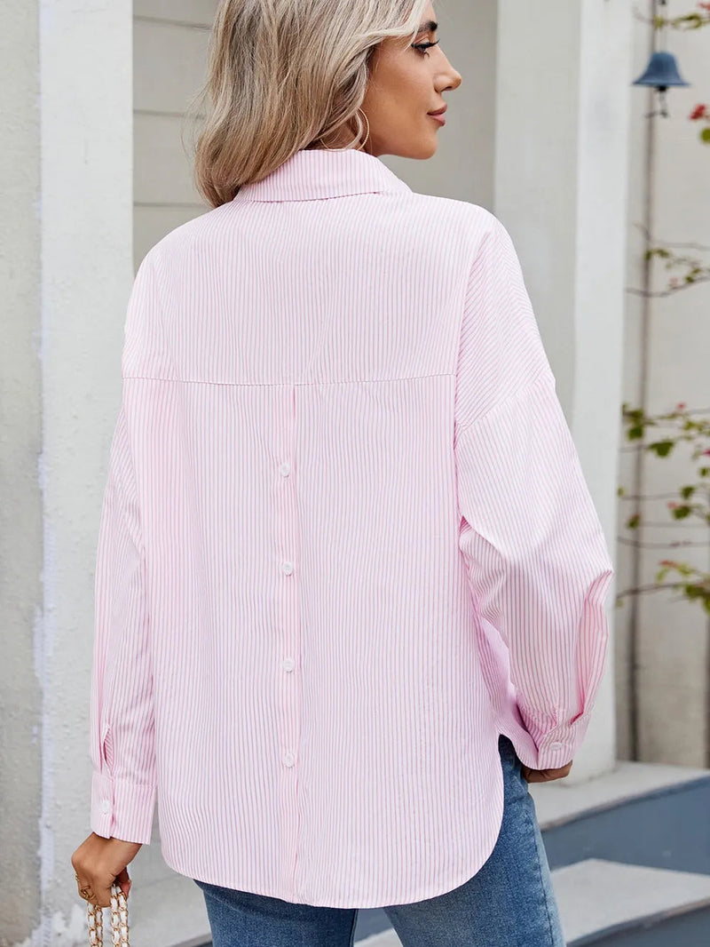 Casual loose one row button long sleeved striped shirt top trendy