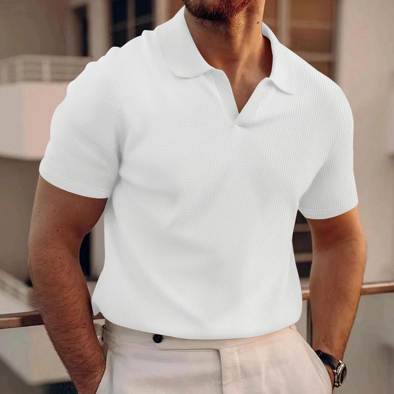 Men's summer lapel t-shirt men's heavy waffle oversize solid color casual short sleeve