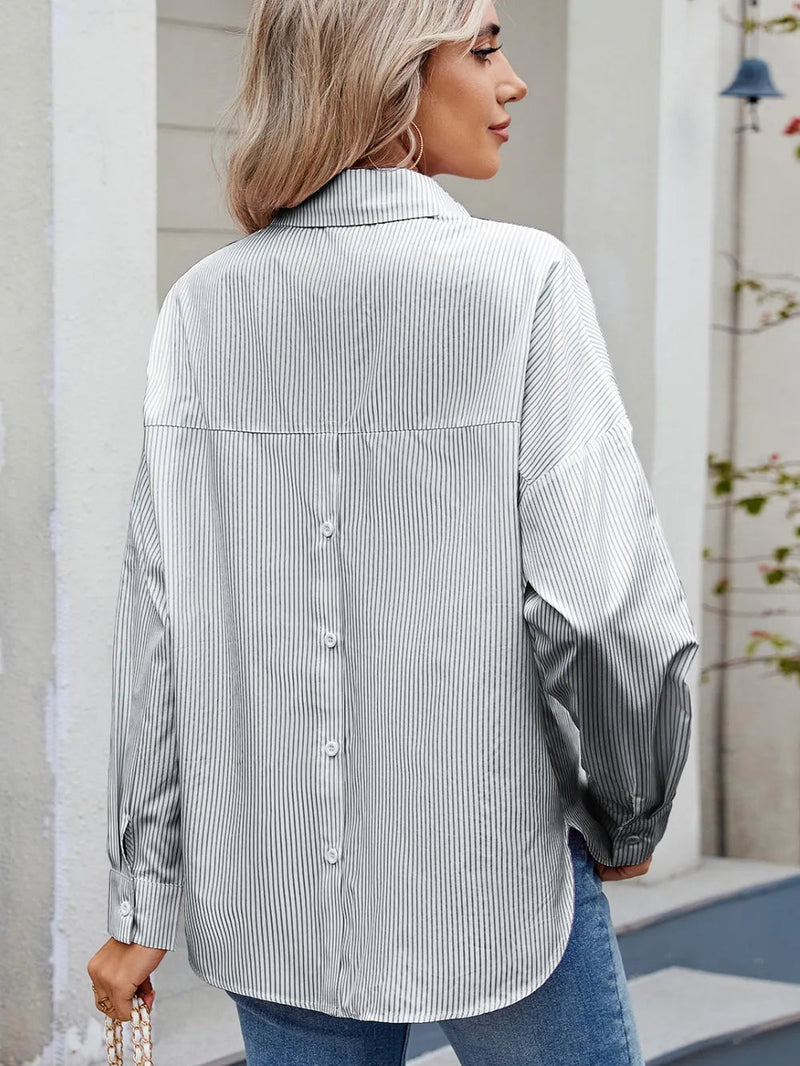 Casual loose one row button long sleeved striped shirt top trendy