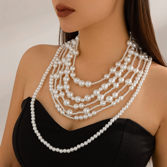 multi-layer imitation pearl necklace women's dress fashionable bride's small fragrance bead necklaces set