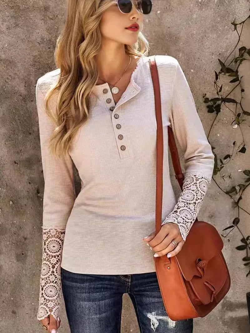Round neck patchwork lace sleeves loose solid color long sleeved T-shirt