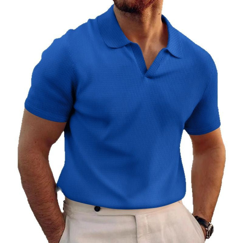 Men's summer lapel t-shirt men's heavy waffle oversize solid color casual short sleeve