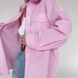 European and American style fashion versatile striped pink casual shirt top for women