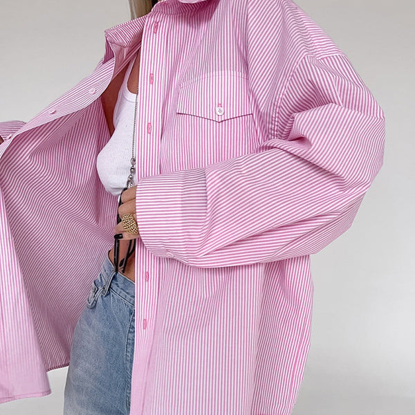 European and American style fashion versatile striped pink casual shirt top for women