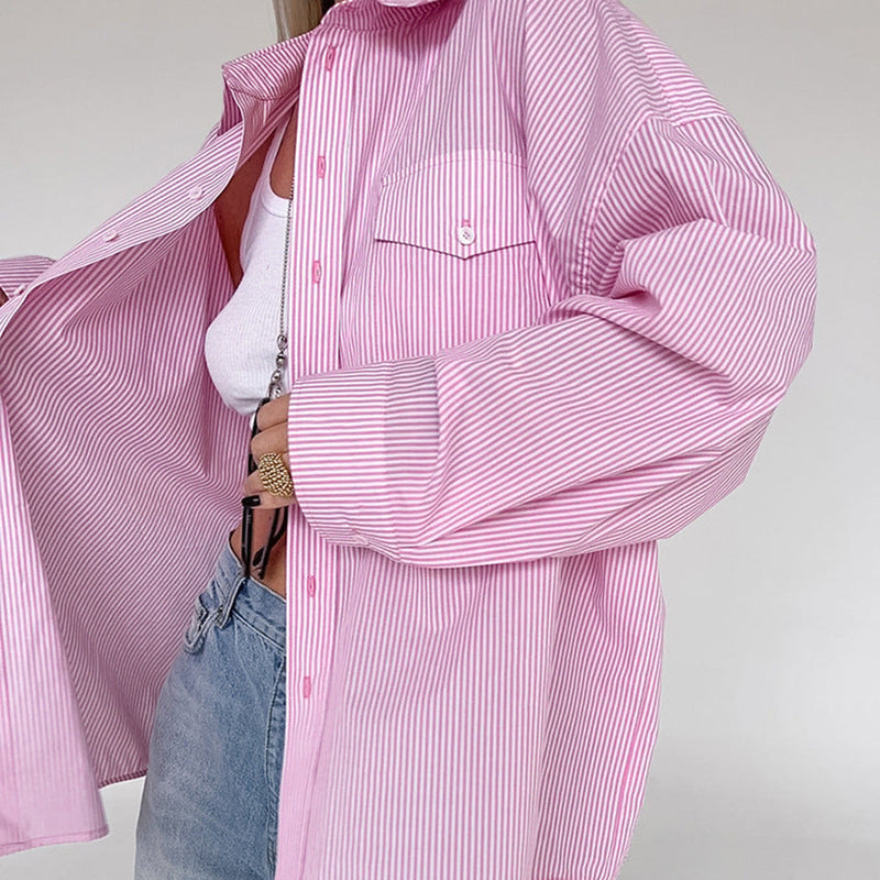 European and American style fashion versatile striped pink casual shirt top for women