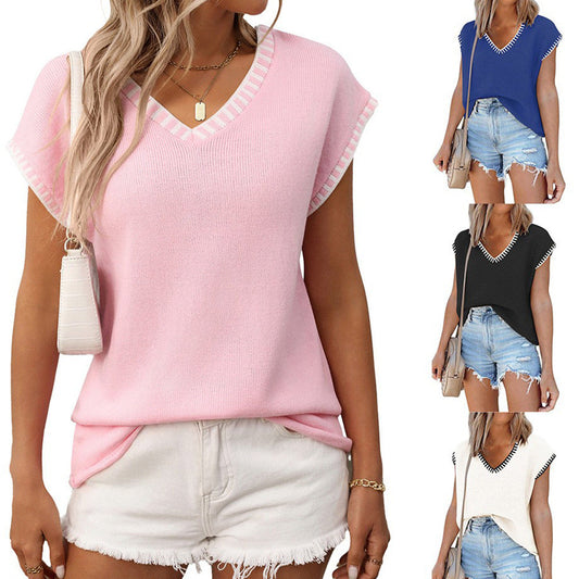 European and American V-neck short sleeved striped top eprolo