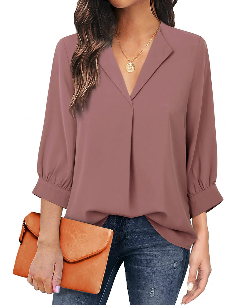 Unixseque Blouses for Women Fashion 2022Work Blouse for Office Wear 3/4 Sleeve Chiffon Tunics Tops for Women Ladies V Neck Dressy Modlily Tops Business Attire Dress Shirts Polyester Shell RBN L