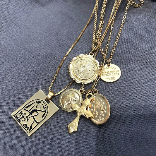 Vintage 4 Set Separable Chain Multi Layer Pendant Choker Necklaces Virgin Mary Jesus Cross Totem Square Jewelry Gift eprolo