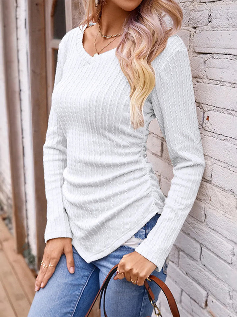 Long sleeved irregular slim fit V-neck solid color knitted women's T-shirt