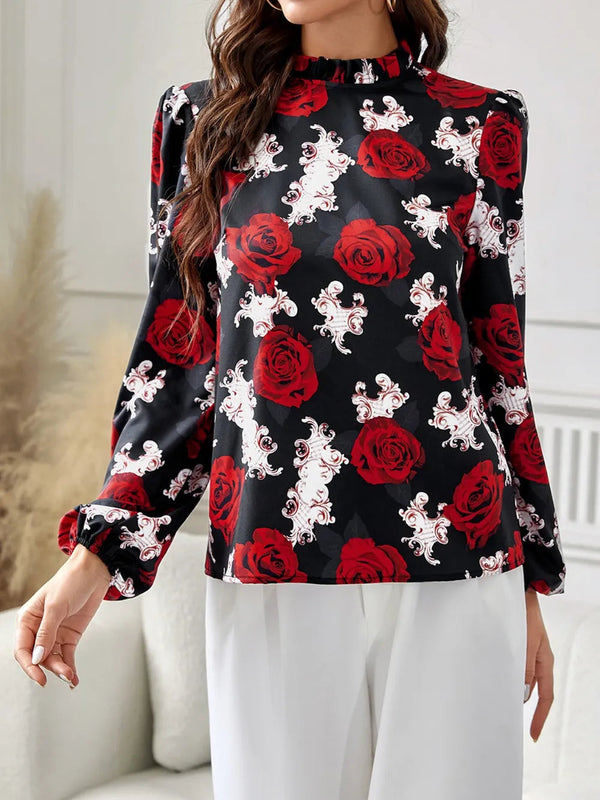 New women's rose printed ruffle collar shirt