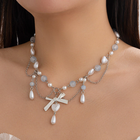 Sunflower frosted wax thread collarbone chain small fresh alloy pearl set necklace