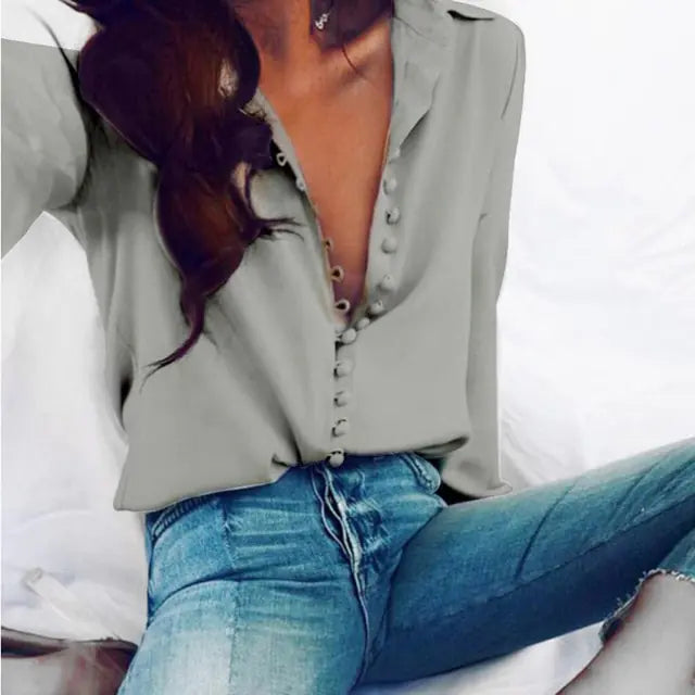 Fashion Casual Solid Colour ladies office Tops Fashion Buttons Long sleeve Blouse Chiffon