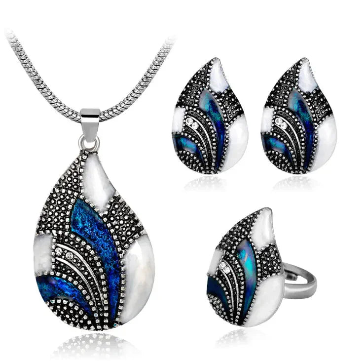 Luxury Peacock Tail Sapphire Necklace Earring Ring Set ZENDROP