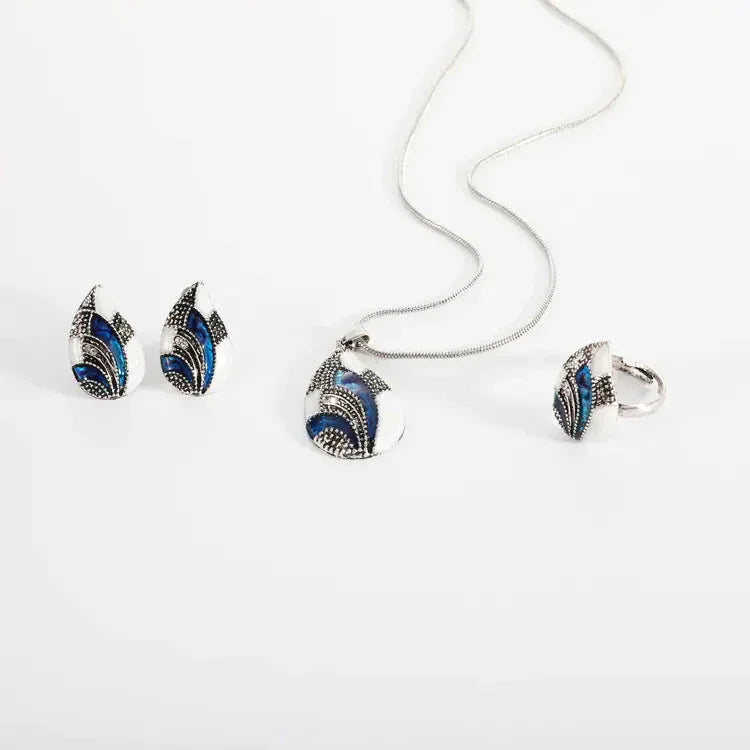 Luxury Peacock Tail Sapphire Necklace Earring Ring Set ZENDROP