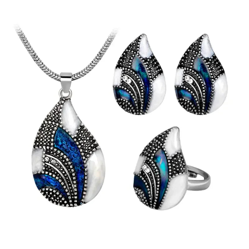 Luxury Peacock Tail Sapphire Necklace Earring Ring Set ZENDROP