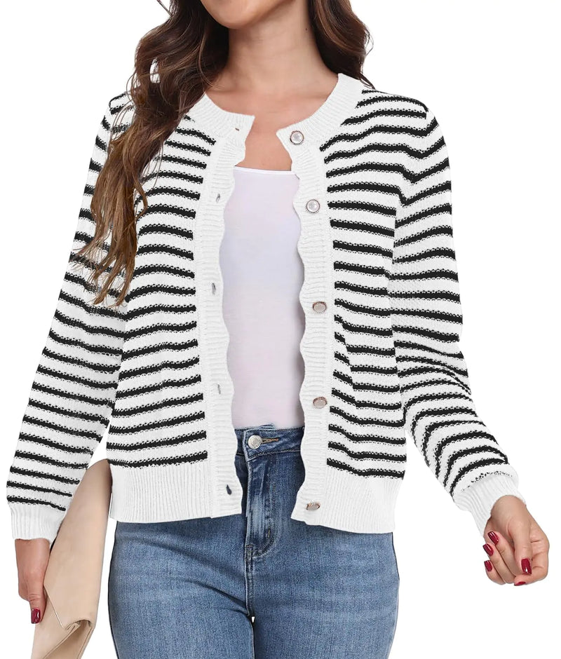 GRECERELLE Womens 2024 Fall Cardigan Sweaters Long Sleeve Striped Button Down Knit Lady Cropped Trendy Jackets Outerwear White Black XL